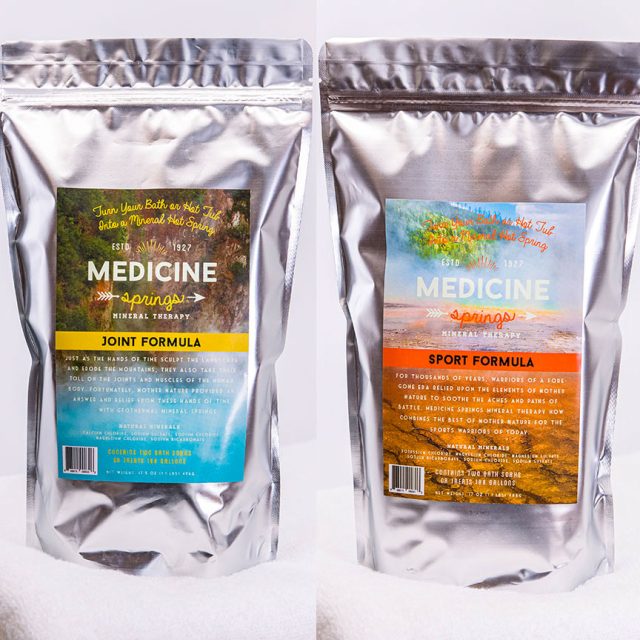 Two pouches of Medicine Springs product. These are the Joint Formula and Sport Formula mineral therapy.