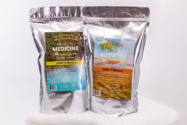 A pouch of Medicine Springs Joint Formula and Sport Formula mineral therapy product