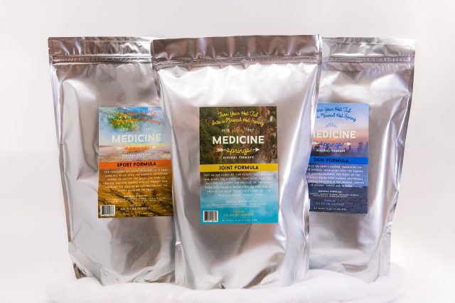 Three pouches of Medicine Springs product. These are the Joint Formula, Sport Formula and Skin Formula mineral therapy.